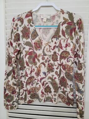 MAINBOCHER Womens V-Neck Pullover Cashmere Paisley Sweater Sz Large